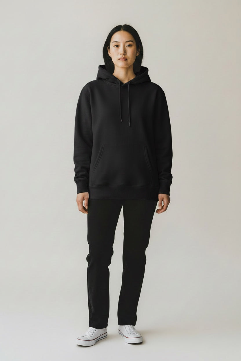 Pavel & Co black oversized unisex hoodie in heavyweight cotton-blend with kangaroo pocket and dropped shoulders