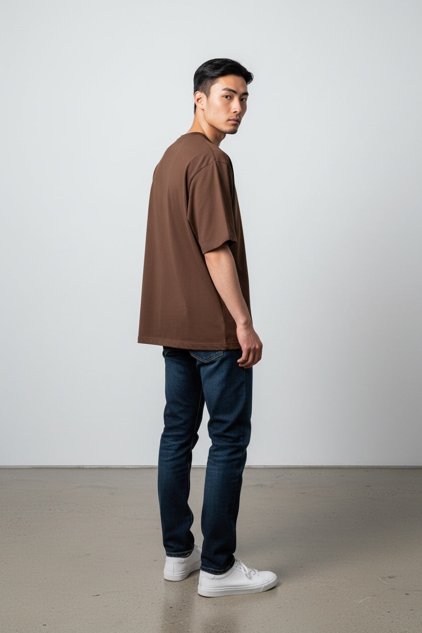Model wearing a brown Pavel & Co Metropolis boxy fit t-shirt in heavyweight cotton French terry, side view
