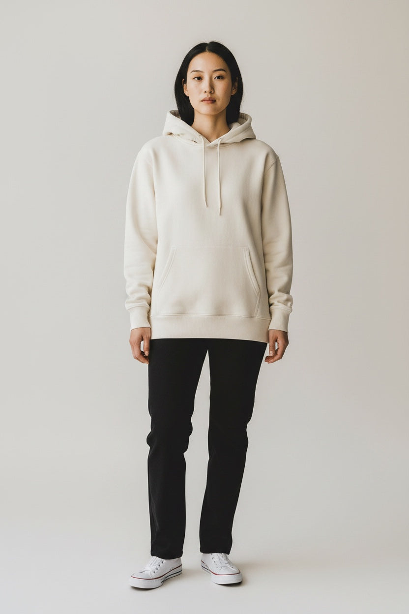 Model wearing a Pavel & Co cream oversized heavyweight cotton-blend hoodie with a kangaroo pocket and ribbed trim.