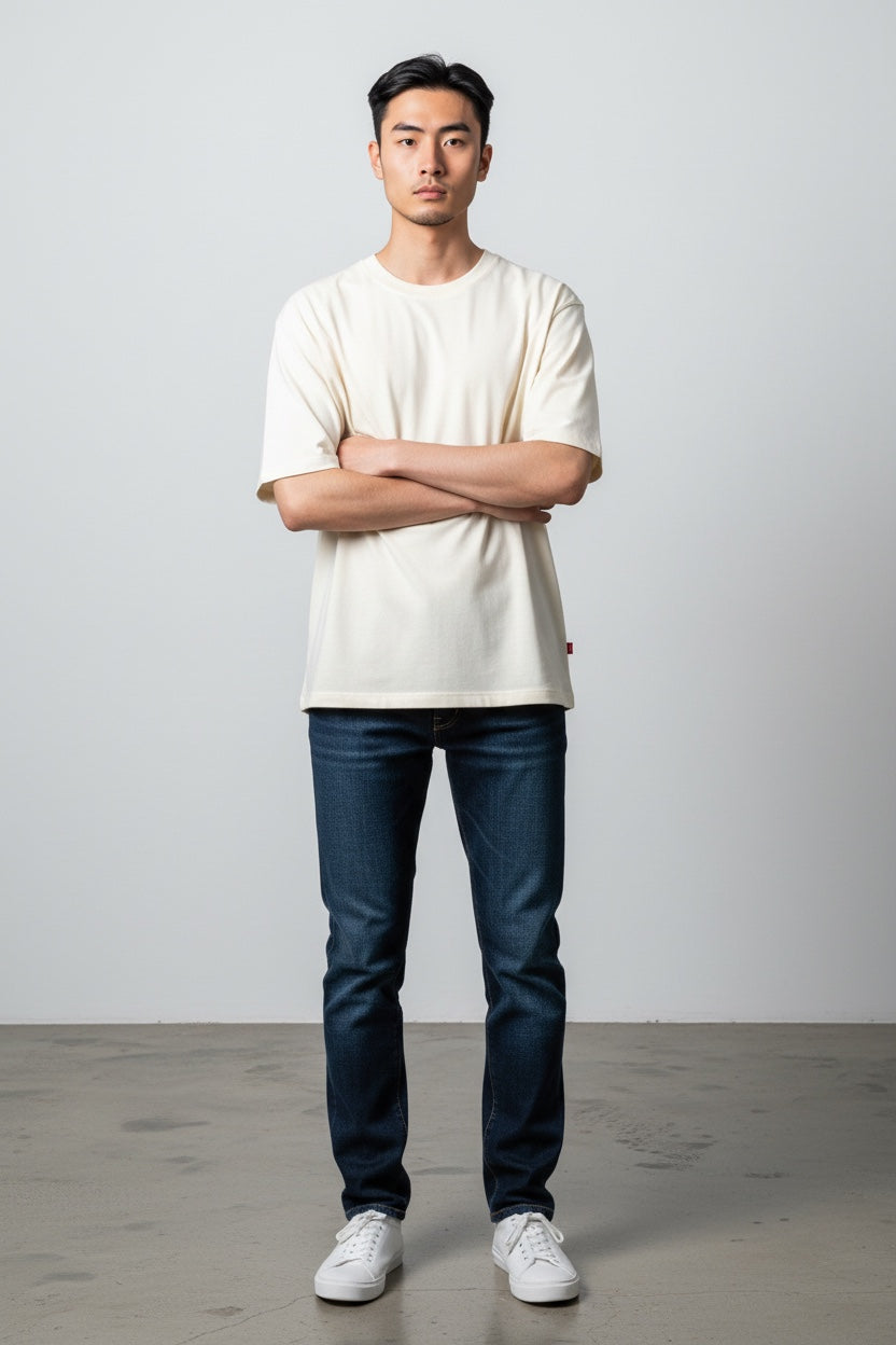 A man wearing a Pavel & Co Metropolis boxy fit cream heavyweight cotton French terry t-shirt with dropped shoulders.