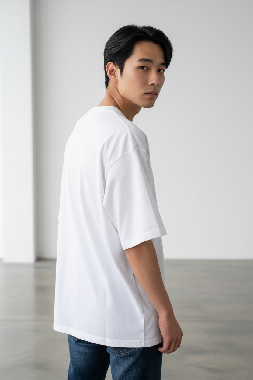 Pavel & Co Metropolis boxy fit white heavyweight cotton t-shirt with dropped shoulders worn by a man