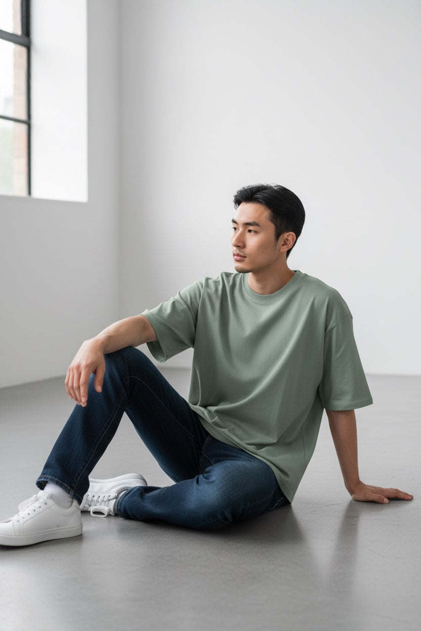 Pavel & Co Metropolis boxy fit sage green heavyweight cotton French Terry t-shirt worn by a man in a studio.