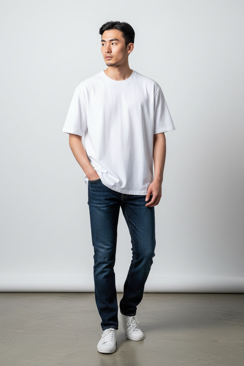 Pavel & Co Metropolis boxy fit white heavyweight cotton French terry t-shirt worn by a man with dark blue jeans