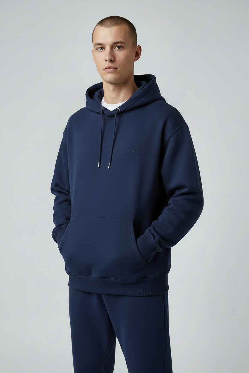 Pavel & Co navy blue oversized heavyweight cotton-blend hoodie with a kangaroo pocket and dropped shoulders.