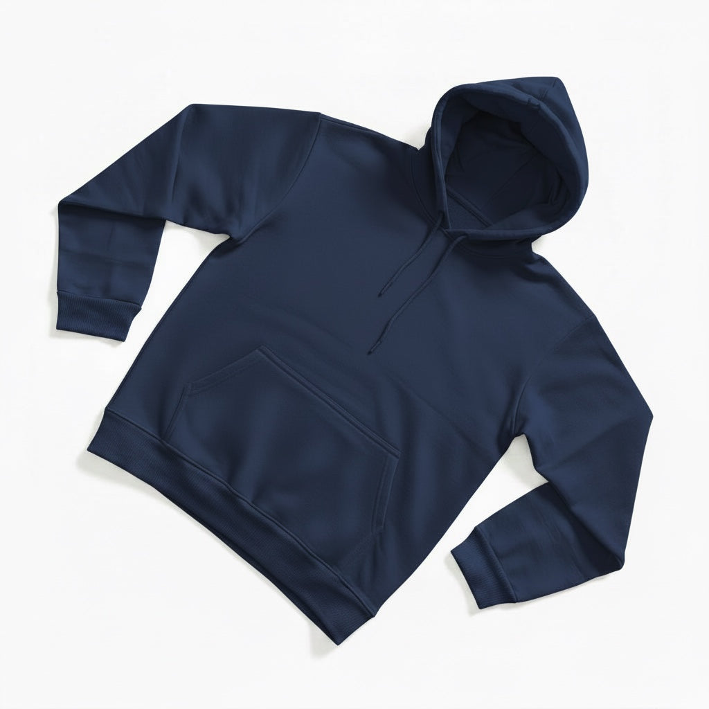 Pavel & Co navy blue heavyweight cotton-blend oversized hoodie with a kangaroo pocket and ribbed cuffs.