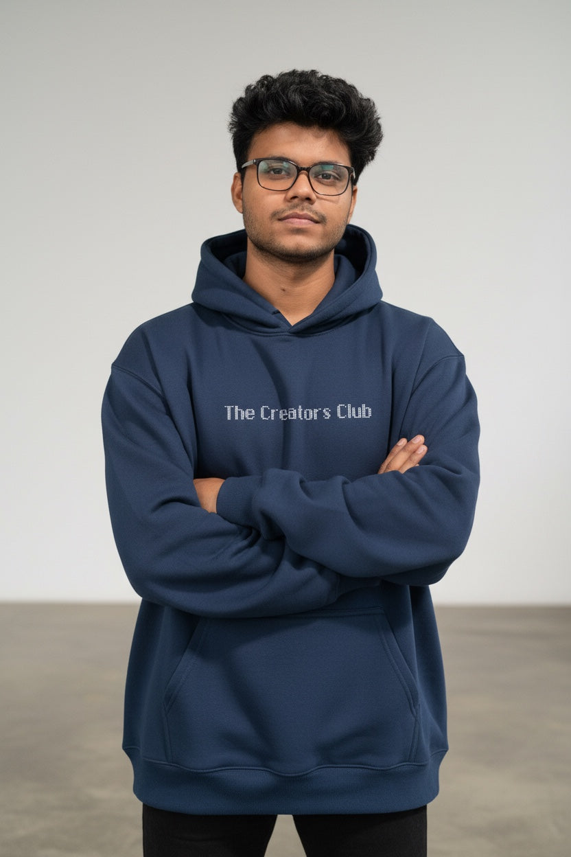 Pavel & Co navy blue oversized heavyweight cotton-blend hoodie with The Creators Club text on chest