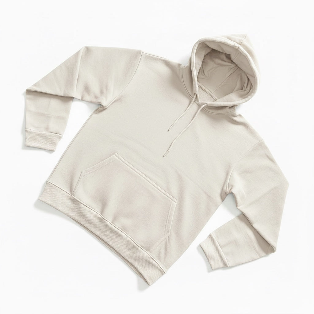 Pavel & Co oversized beige heavyweight cotton-blend hoodie with a kangaroo pocket and double-layer hood.