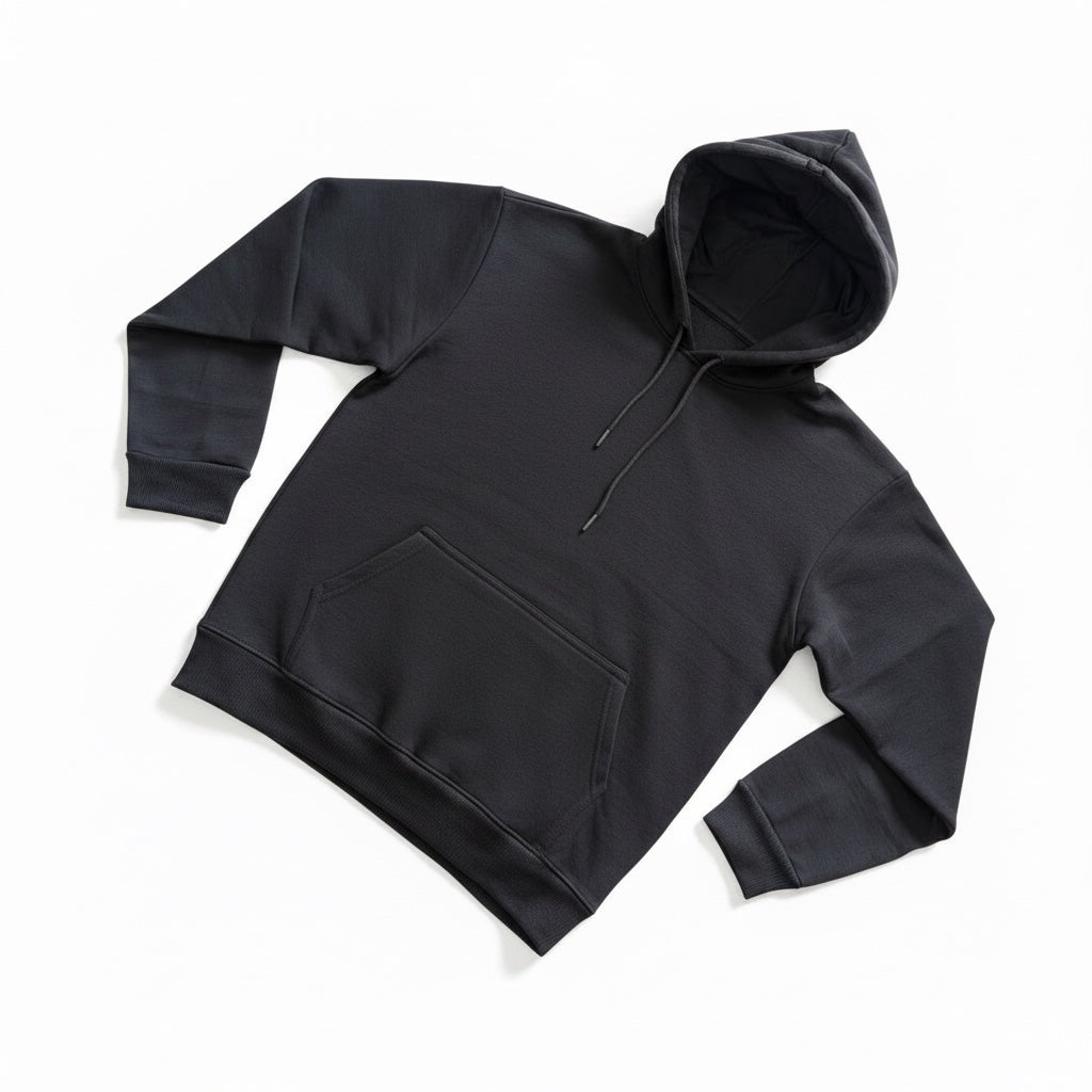 Pavel & Co oversized black heavyweight cotton-blend hoodie with a deep hood, kangaroo pocket, and ribbed trim.