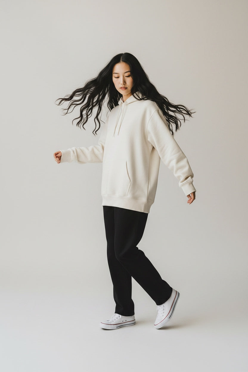 Pavel & Co oversized cream hoodie with dropped shoulders and kangaroo pocket worn by a woman with long dark hair