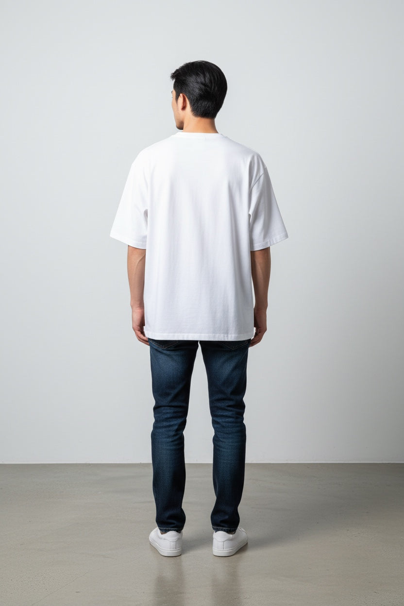 Back view of a man wearing a Pavel & Co white heavyweight cotton French terry boxy fit t-shirt with dropped shoulders.