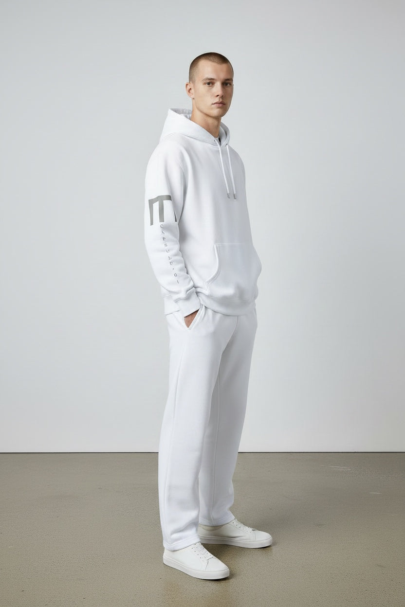 Pavel & Co white oversized heavyweight cotton-blend hoodie with sleeve print, worn by a male model.